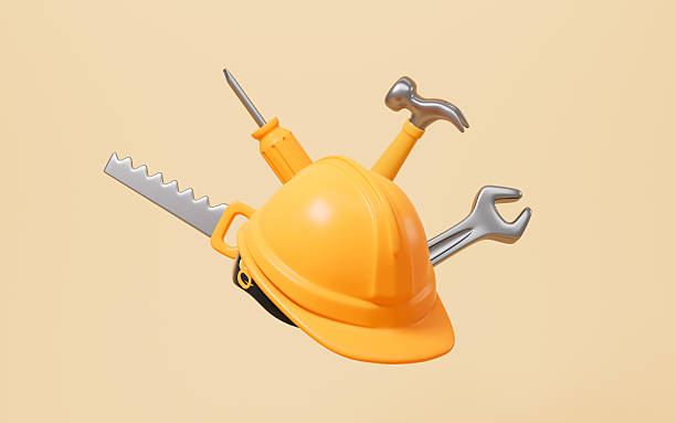 Cartoon helmet and spanner, screwdriver and so on repair tools, 3d rendering. 3d illustration.