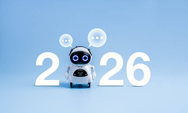 istock AI technology 2026 concept with cute robot and digital chat icons between numbers on blue background, symbolizing artificial intelligence, machine learning, chatbot, and future technology trends. 2235478178
