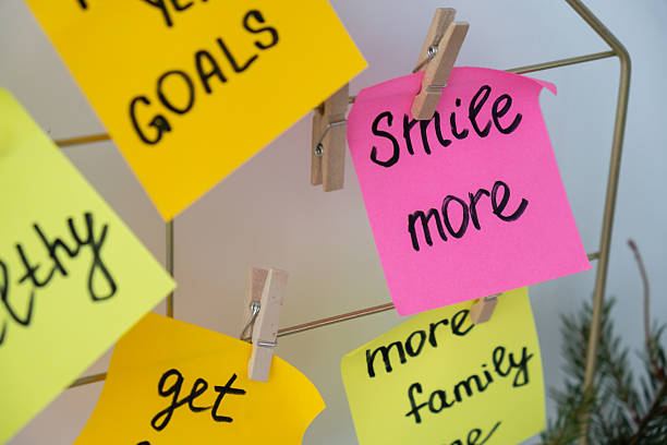 istock SMILE MORE self care goal. Vision board with new year resolutions aims on sticky notes. Preparation for New Year. Planning and setting goals for personal development 2235481808