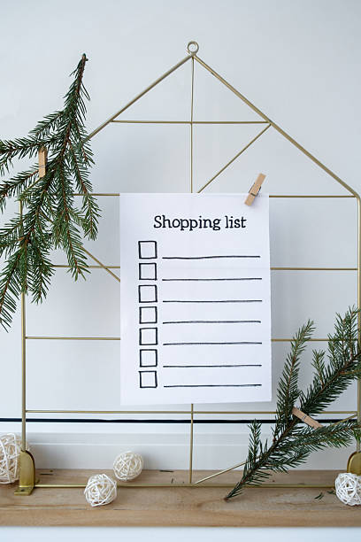 istock Holiday preparation paper note with SHOPPING LIST checklist text. Vision board wall with cozy minimalistic handmade new year Christmas decor Low key festive celebration 2235482098