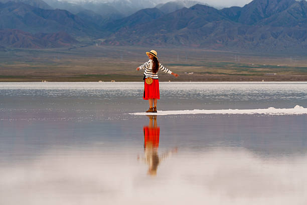 istock Big landscape showcases person moving forward with hope for future, standing gracefully on shimmering surface of salt flat, surrounded by majestic mountains 2235484933