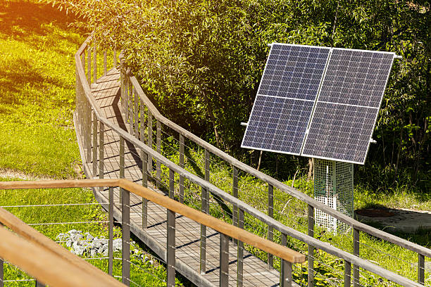 solar panel stands in the park, close-up. solar panel in the park.