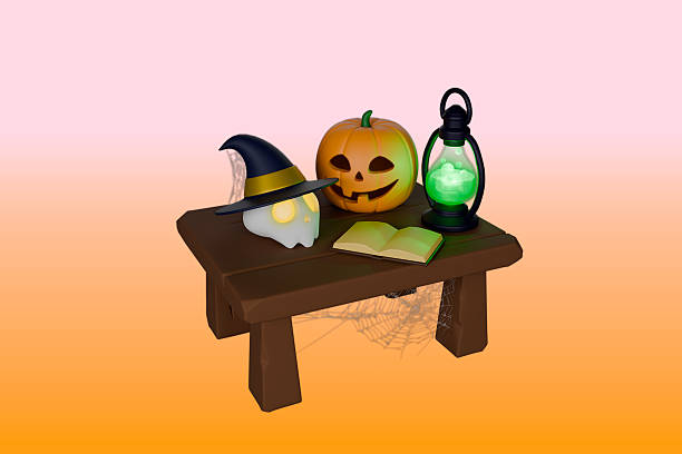 istock Pumpkin and book on table with lamp 2235509883
