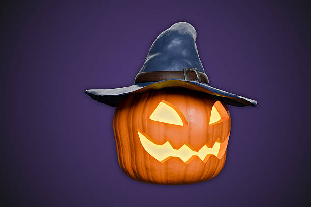 Halloween pumpkin with witch hat and smoke in neon lighting indoor. Digitally generated image. 3d render.