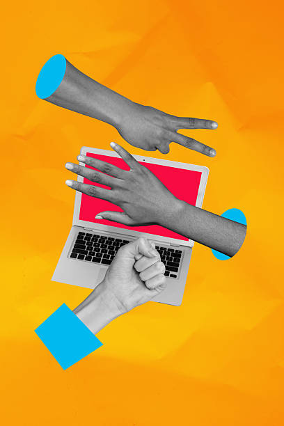 istock Composite design trend artwork collage of three hand body language showing gesture finger game rock paper scissors laptop display monitor 2235514468