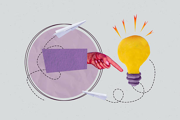 istock Pop collage of hand gesture point near light bulb on grey background 2235514625
