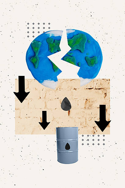 istock Composite 3d zine pop trend collage of oil barrel drop consumption economy collapse problem earth globe crack recession arrow 2235514838