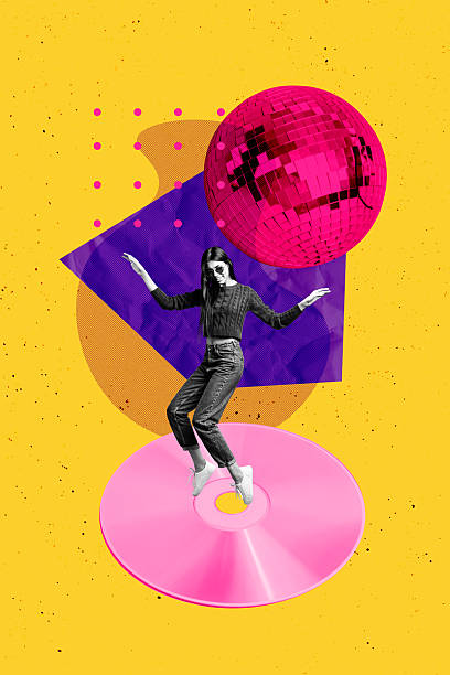 istock Creative composite sketch design artwork collage of young lady dance dvd disc discoball carefree weekend night retro style party clubber 2235516381