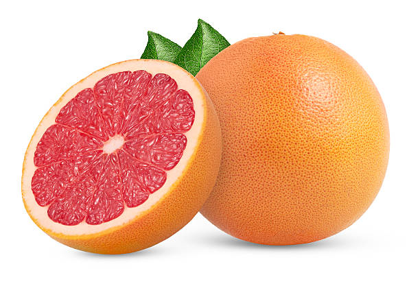 istock Juicy grapefruit and a half with leaf isolated. Halved pink grapefruit. Grapefruit cut and whole grapefruit. 2235516759