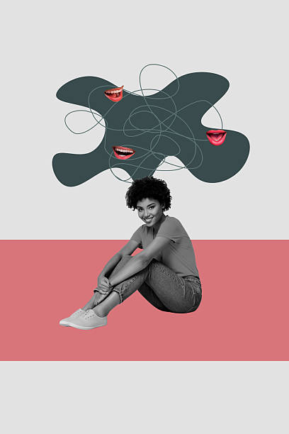istock Sketch composite 3D photo collage trend artwork of thought imagination sketch mind cloud line mess mouth smile laugh young woman sit down 2235517327