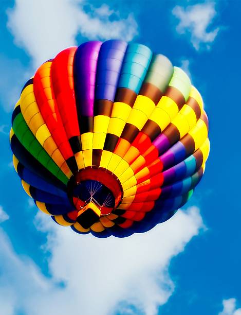 Vibrant hot air balloon in the sky with colorful panels against a clear blue backdrop.
