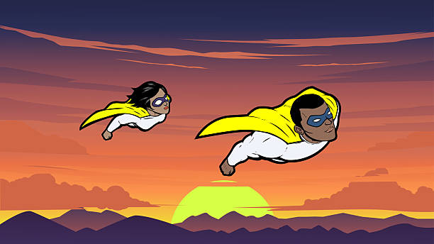 A cartoon style vector illustration of an African American Superhero Couple Flying above a mountain range. Wide space available for your copy. Easy to edit. No generative AI was used.
