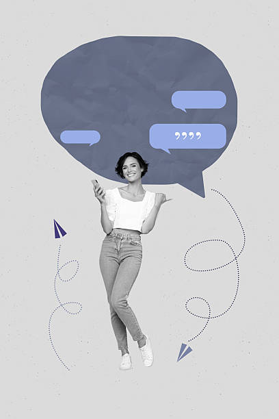 istock Art pop collage of person point gadget sit with speech bubble on grey background 2235518504