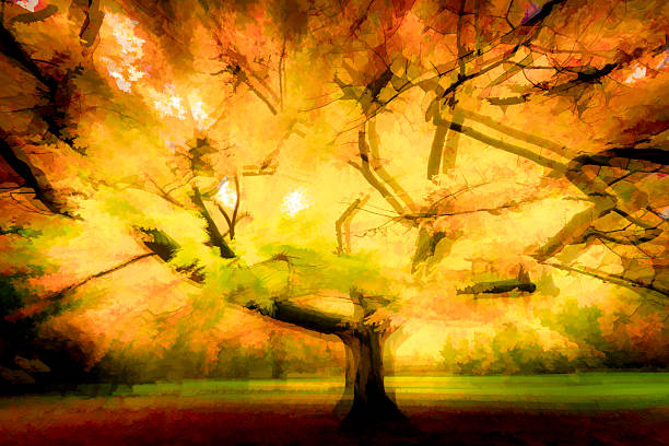 An artistic impression of an old tree in autumn, in golden light, spreading a positive atmosphere