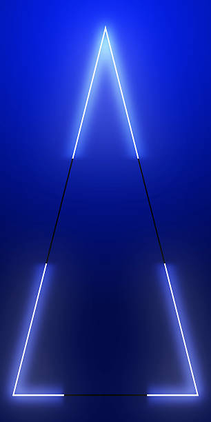 Glowing vibrant triangle of neon light stands out against a deep blue, gradient background. Triangle's three sides they have black gaps. Soft, ethereal glow that illuminates surrounding dark space