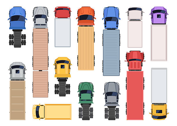 istock Top view vector illustration of colorful trucks and trailers 2235527281