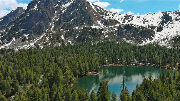 istock Mountain lake with snow mountains and green forest 2235537802