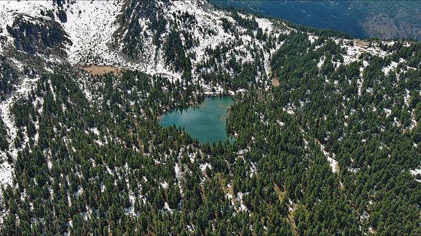 Aerial view of mountain lake with snow mountains and green forest, Hridsko Lake in Montenegro