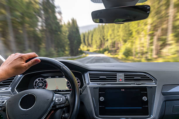 istock Drivers view of forest road. Hand on steering wheel 2235539214