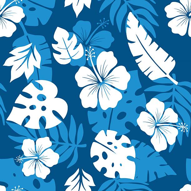 Seamless pattern with hibiscus flower, vector hawaiian silhouette for shirt, floral monochrome illustrations, summer beach plant on blue backdrop