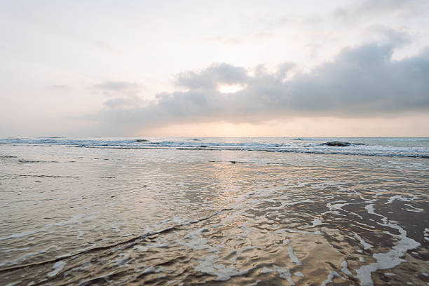Seascape. Soft waves roll onto a sandy beach as the sun sets in the background. Peaceful landscape. Wildlife concept.