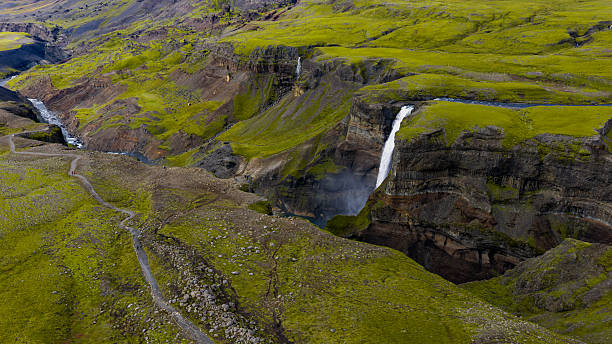 Aerial View of Icelandic Waterfall Cascading into a Deep Canyon