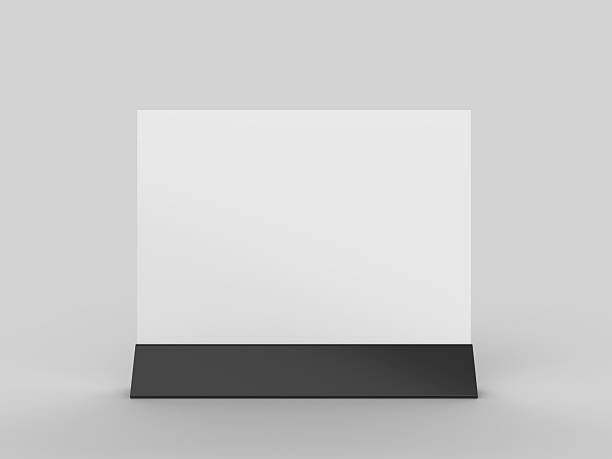 istock 3D Realistic table stand, table tent mockup with metal base and white paper acrylic. Blank card holder display information for menu label, restaurant, cafe, banner, picture stand, sign holder, ads 2235541107