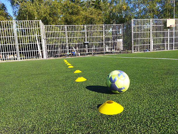 Soccer training session with cones on a sunny day