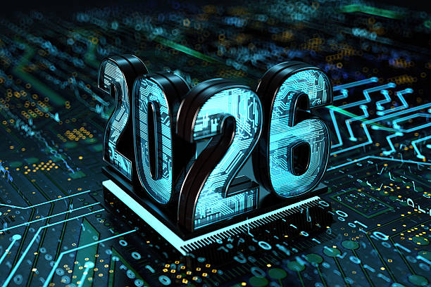 Illuminated 2026 on the Microchip of an Electronic Board