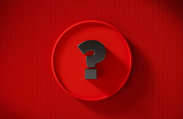Black question mark over a red circle pedestal table on red background. Q and A concept.