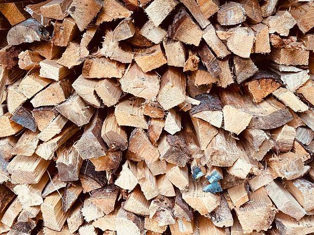 Stacked firewood in neat pile, natural background
