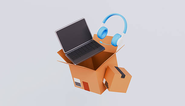 istock Open Cardboard box with floating Laptop and Headphones, Unboxing parcel, Fast delivery order from store 2235555628