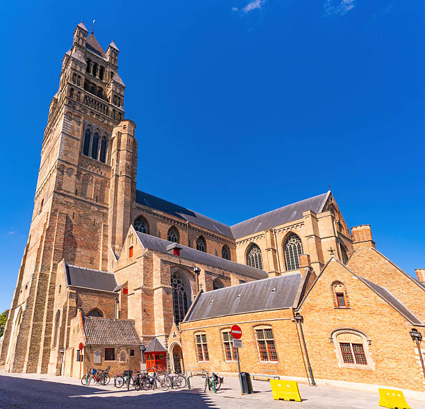 Exterior of Saint Salvator Cathedral and tall brick tower under blue sky in Bruges Belgium