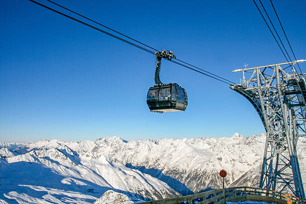 istock Cable car in snowy mountain landscape against clear blue sky 2235556145