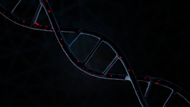 istock Dark abstract DNA helix with glowing red light particles in futuristic science concept 2235556320