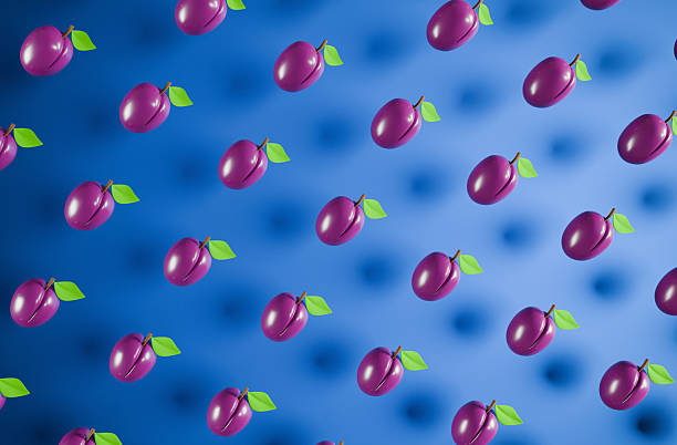 Stylized purple fruits with green leaves form an artistic pattern on a gradient blue background, creating a vibrant and unique visual effect, perfect for design applications or creative print projects.