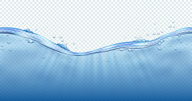 stockillustraties, clipart, cartoons en iconen met transparent water flow in waves with air bubbles and sun rays on the sea surface. vector illustration. - water