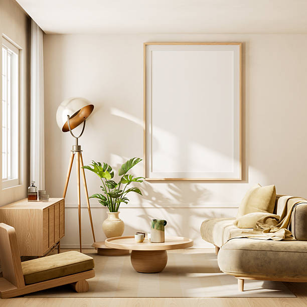 istock Scandinavian interior with mock up poster frame and minimalist elegance. 3D illustration 2235564365
