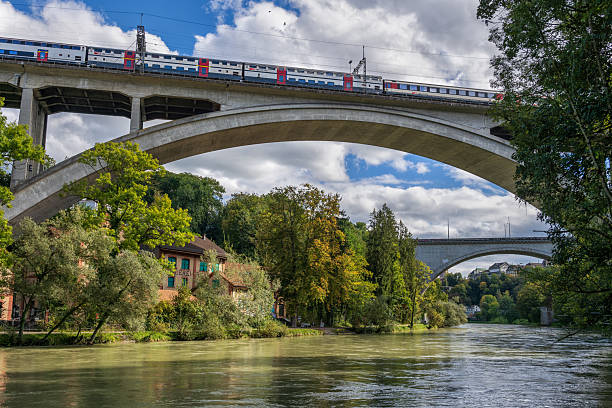 Bern, Switzerland - October 2, 2024 - SBB train on Lorraine Railway Viaduct on Aare River in Bern, Switzerland.