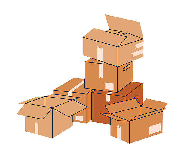 stockillustraties, clipart, cartoons en iconen met cardboard boxes. moving stacked boxes, cargo warehouse box piles, delivery containers stack flat vector illustration. hand drawn boxes on white - verhuizen