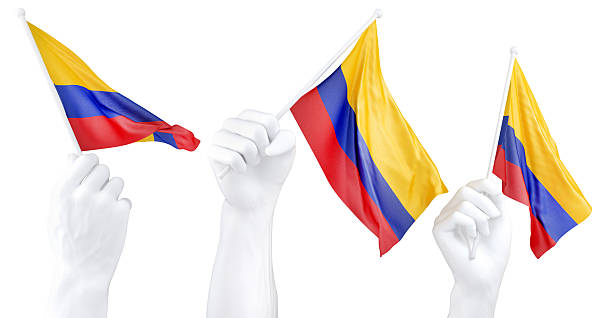 Hand holding flag of Colombia. Isolated 3d Rendering.