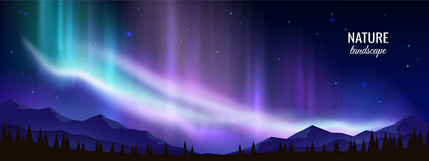 ilustrații de stoc cu aurore boreale strălucitoare peste munți. - aurora polaris