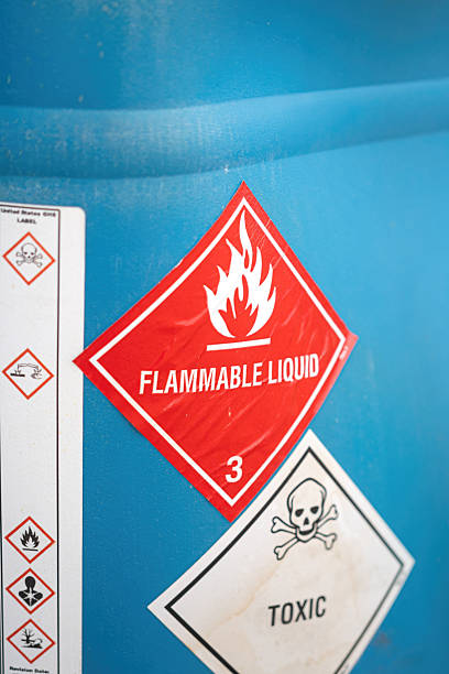 istock Flammable liquid warning sign on the chemical containment. 2235588522