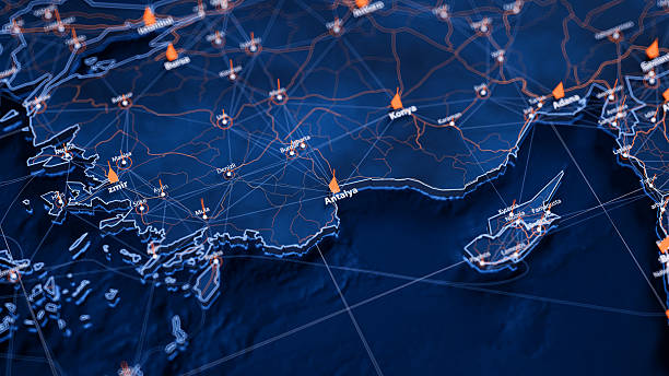istock Antalya map big data visualization. Futuristic map infographic of city in Turkey. Visual map data complexity in modern blue and orange colors 2235589018
