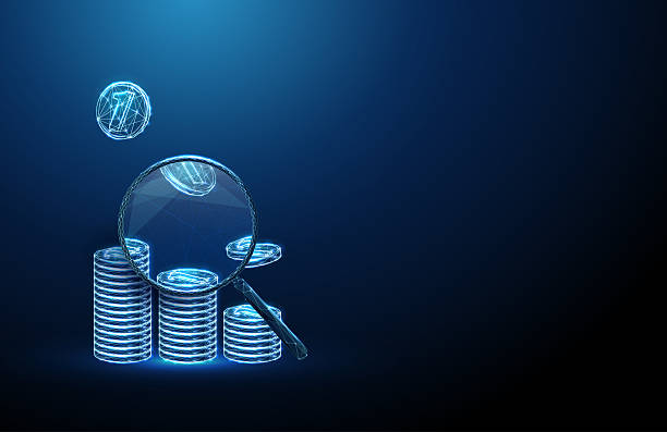 istock 3d blue stacks of coins under a magnifying glass with falling coins inside. Banking, economic research, wealth management, risk assessment concept. 2235590143