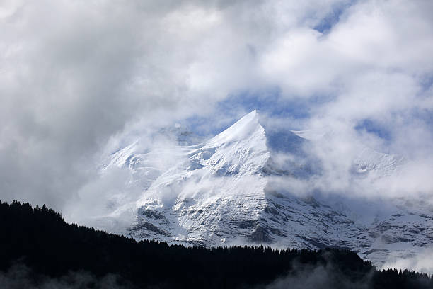 The north face of the Jungfrau mountain in Grindelwald, Switzerland, captured in dramatic black and white. The photograph emphasizes the rugged alpine terrain, sharp ridges, and striking contrasts, creating a powerful and atmospheric mountain landscape.