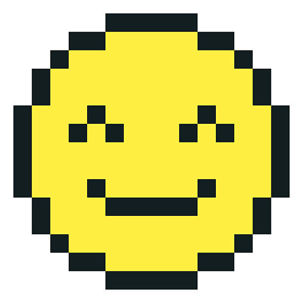 istock Happy emoji emoticon vector pixel art, yellow and black outline smile face, cute friendly positive retro 8 bit avatar 2235602266