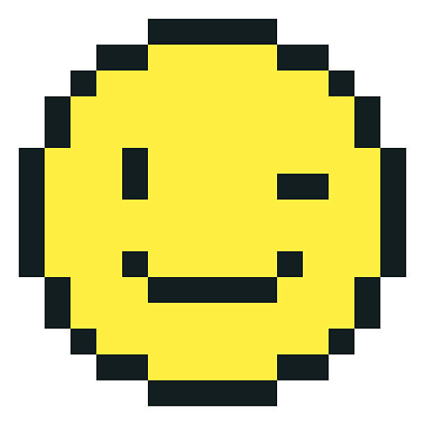 istock Happy winking emoji emoticon vector pixel art, yellow and black outline smile face with winks eye, cute 8bit joke avatar 2235602291