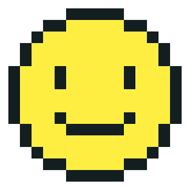 istock Happy laugh emoji emoticon pixel art vector icon, yellow and black outline smile face, cute retro 8 bit positive avatar 2235602319