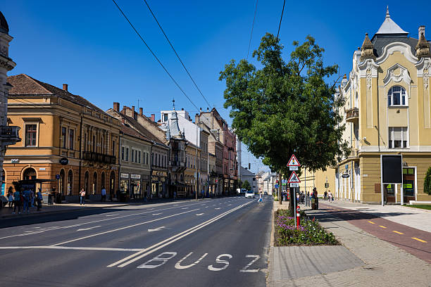 Debrecen, Hungary July 30, 2025  Picturesque street with ornate architecture, flower-lined lamps, and café ambiance under a clear summer sky.
